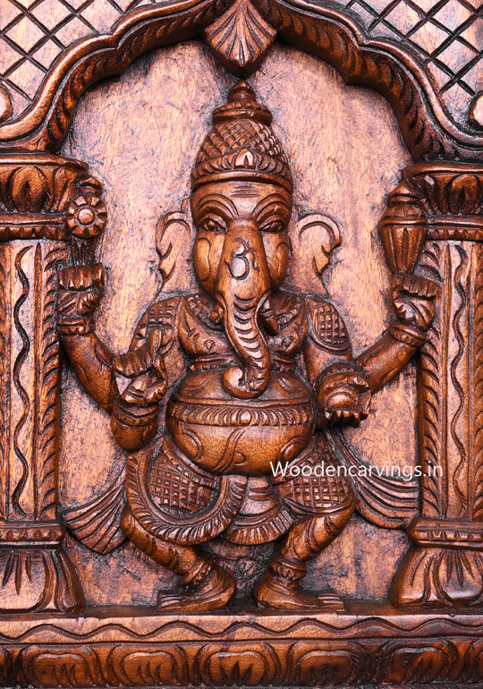 Vertical Asta Ganesha Handmade Wax Brown Peacock Designed Decorative Entrance Decor Wall Panel 48"
