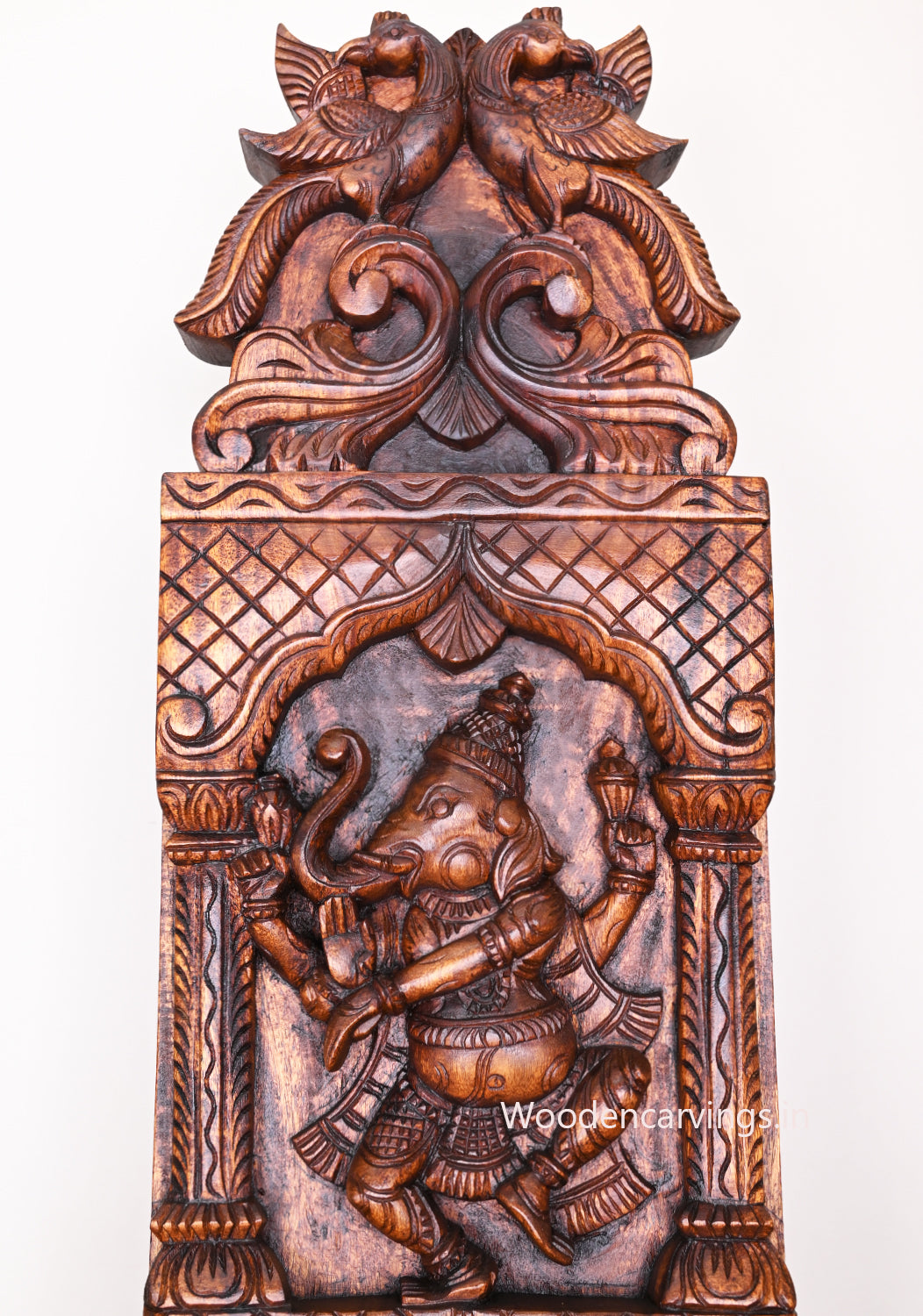 Vertical Asta Ganesha Handmade Wax Brown Peacock Designed Decorative Entrance Decor Wall Panel 48"
