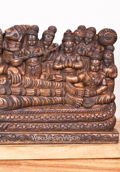 Wooden Reclining Lord Ranganathar On Five Head Adisesha With Goddess Lakshmi Horizontal Wall Panel 24"