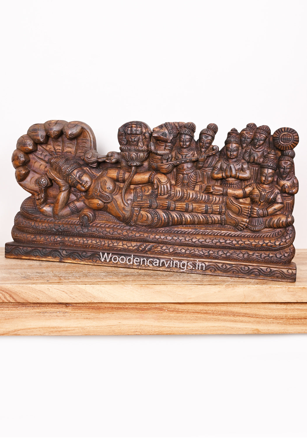 Wooden Reclining Lord Ranganathar On Five Head Adisesha With Goddess Lakshmi Horizontal Wall Panel 24"