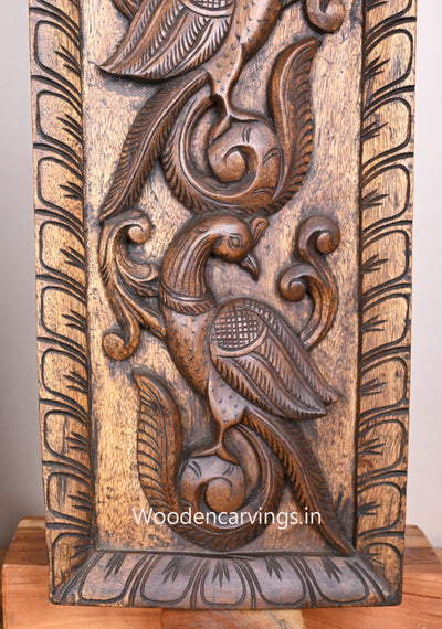 Wooden Standing Peacock on Tree Wooden Wax Brown Vertical Paired Hooks Fixed Wall Panel 36"
