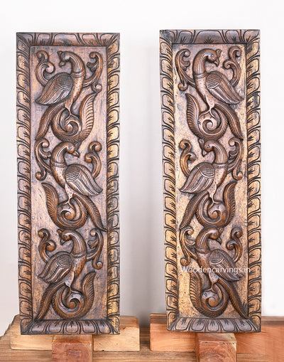 Wooden Standing Peacock on Tree Wooden Wax Brown Vertical Paired Hooks Fixed Wall Panel 36"