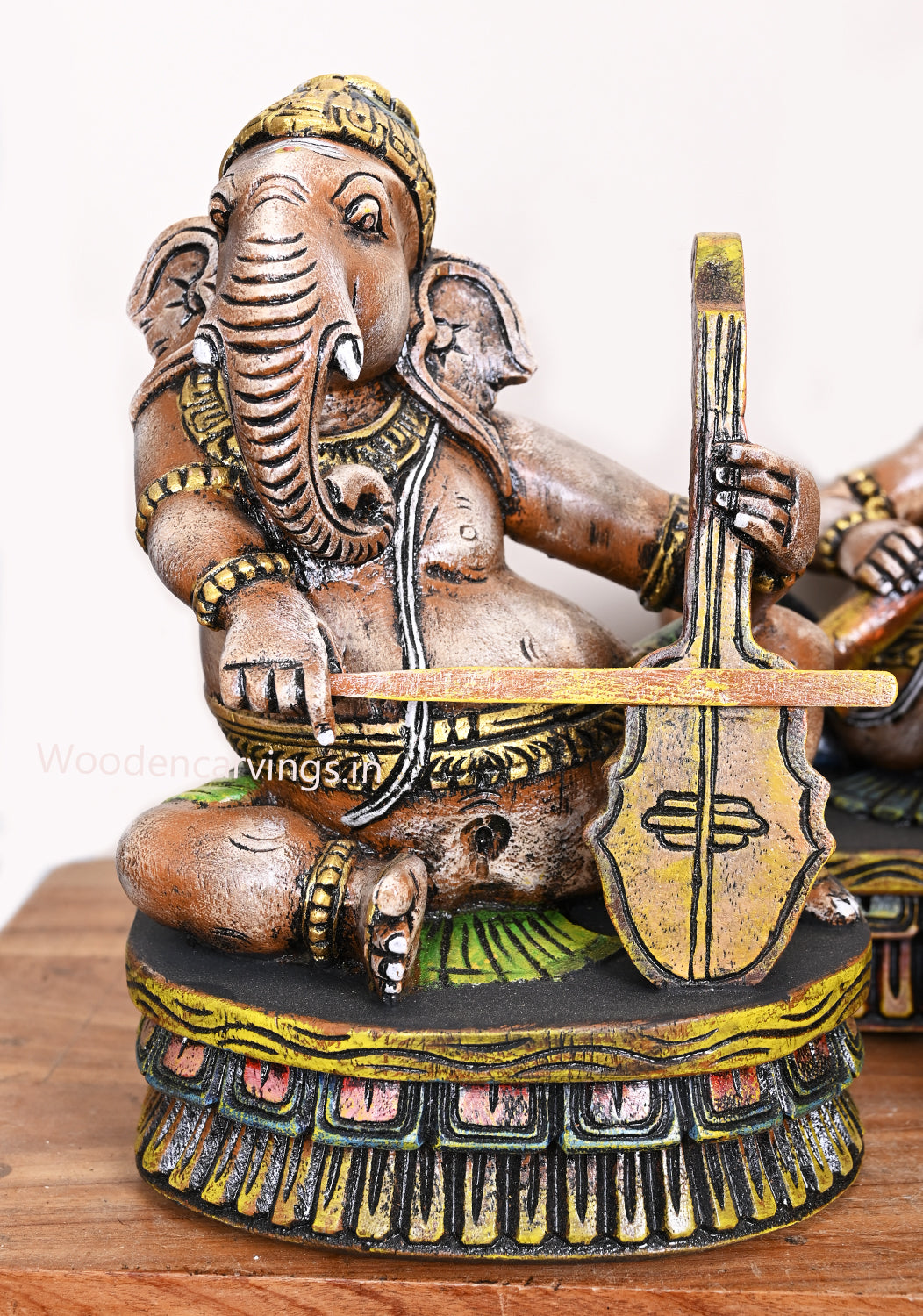 Seven Set of Cute Little Musical Ganesha Multicoloured Wooden Handcrafted Home Decor Sculpture 12"