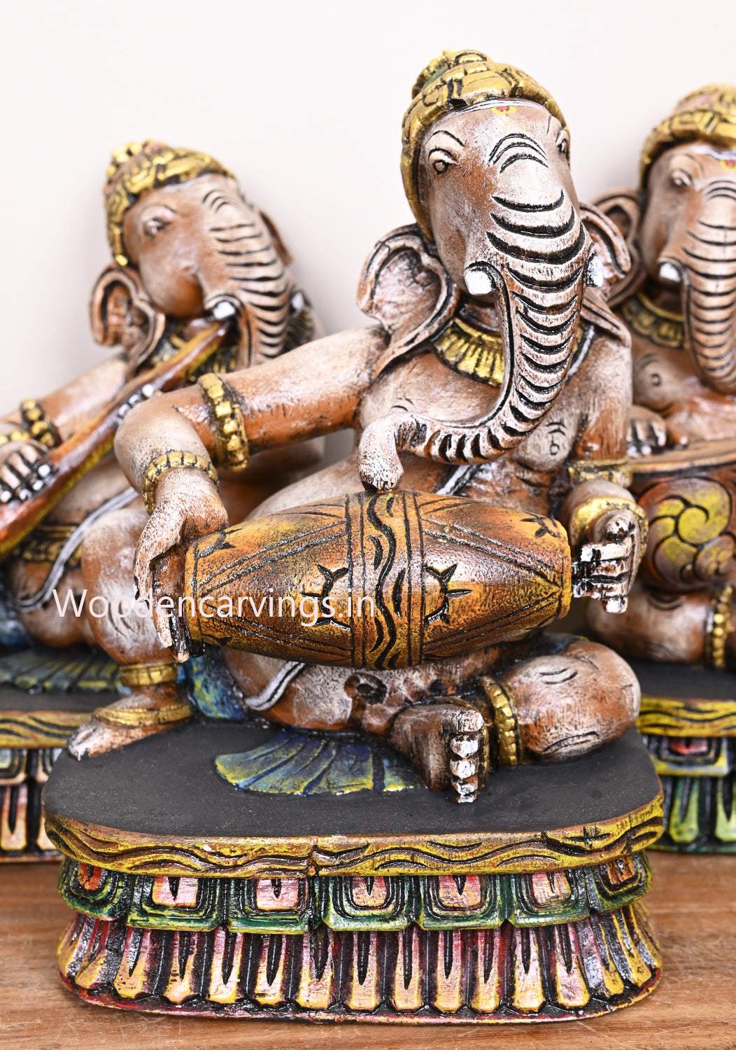 Seven Set of Cute Little Musical Ganesha Multicoloured Wooden Handcrafted Home Decor Sculpture 12"