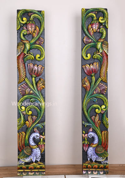 Vertical Floral Designed Peacock Sitting on Tree With Hamsa Bird (Annapakshi) Wooden Wall Panel 36"