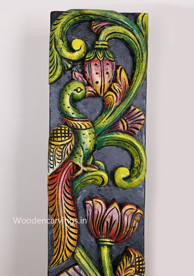 Vertical Floral Designed Peacock Sitting on Tree With Hamsa Bird (Annapakshi) Wooden Wall Panel 36"