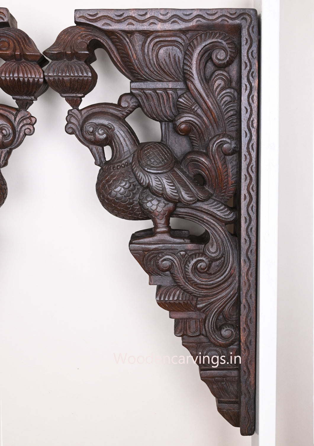 Detaily Carved Wooden Standing Annapakshi Hamsa Bird Hooks Fixed Wax Brown Wall Brackets 23.5"