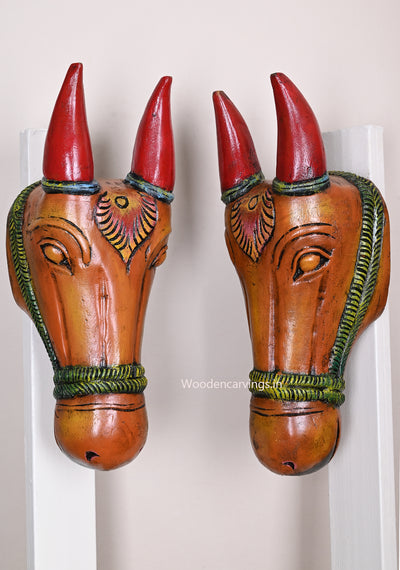 Multicoloured Wooden Paired Entrance Decor Hooks Fixed Home Vastu Detaily Carved Masks  16"