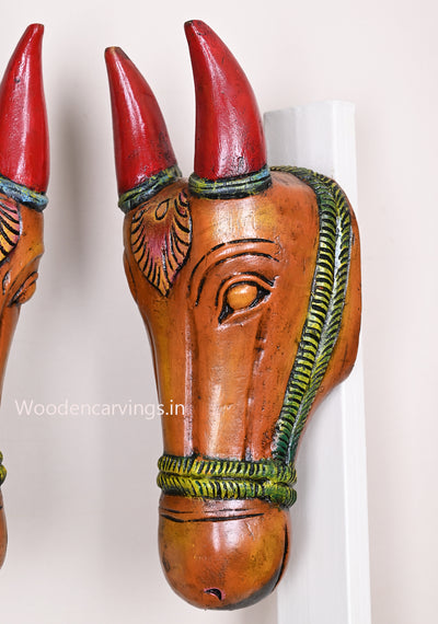 Multicoloured Wooden Paired Entrance Decor Hooks Fixed Home Vastu Detaily Carved Masks  16"