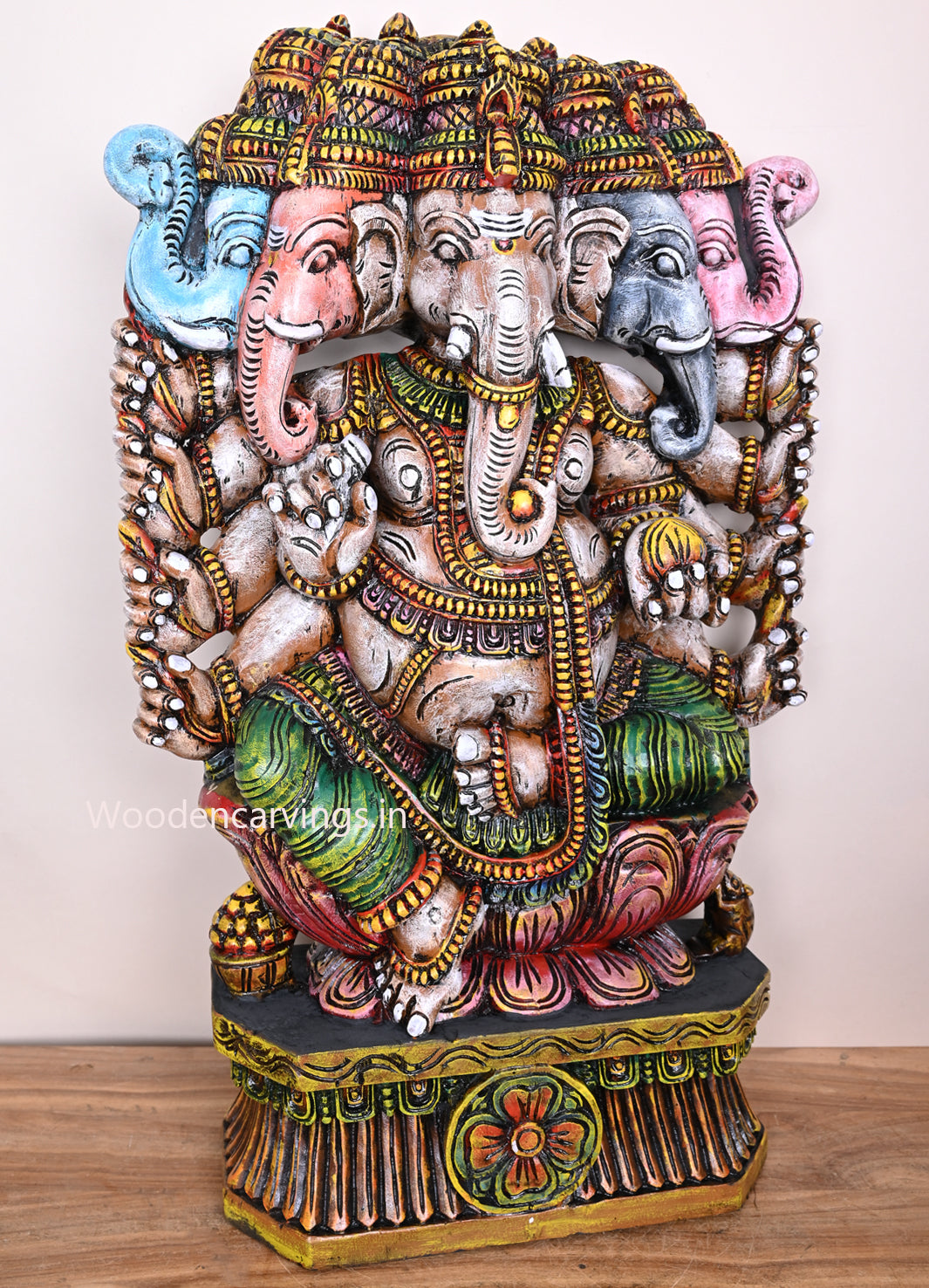 Ten Hands With Five Heads Wooden Panchamugha Ganapathi Seated on Lotus Handmade Decorative Sculpture 37.5"