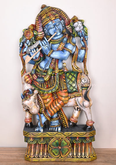 Looks Beautiful With Flute Lord Krishna Relaxly Standing With Cow Multicolour Detaily Handmade Sculpture 35"
