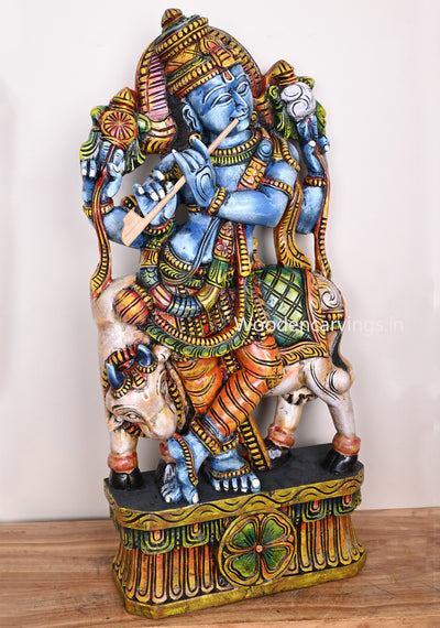 Looks Beautiful With Flute Lord Krishna Relaxly Standing With Cow Multicolour Detaily Handmade Sculpture 35"