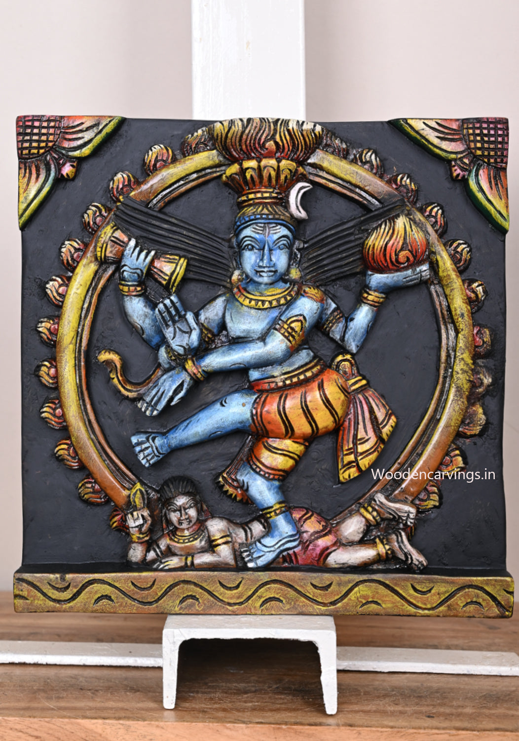 Vaagai Wood Lord Nataraja Blue Finishing Hooks Fixed Wooden Artwork Multicoloured Wall Mount 12"