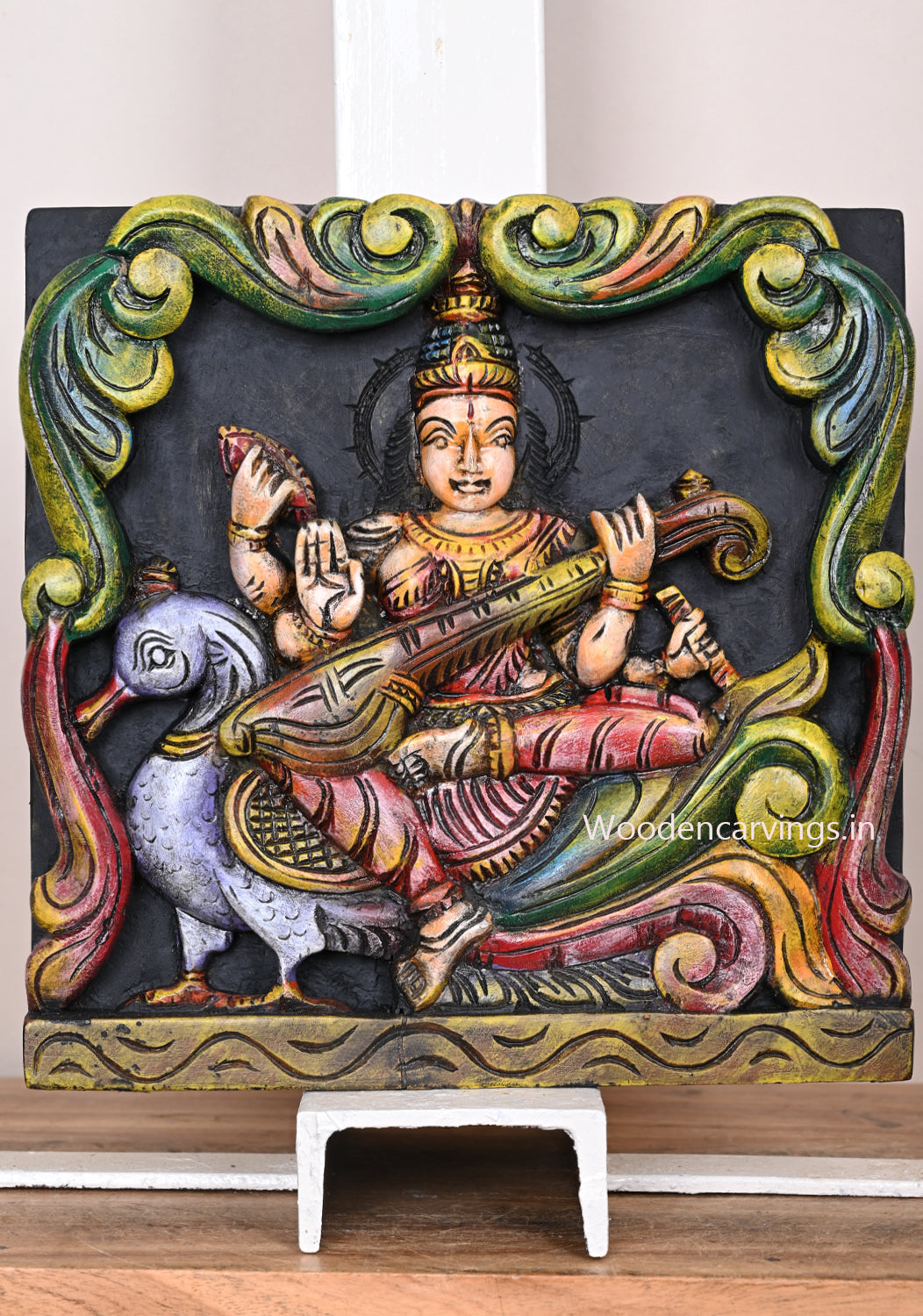 Square Beautiful Goddess Saraswathi Seated on Coloured Hamsa Holding Veena and Rosary Wooden Wall Mount 12"
