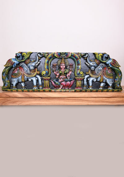 Goddess of Wealth Gaja Lakshmi Seated on Pink Lotus With Grey Elephants Horizontal Wooden Wall Panel 36"