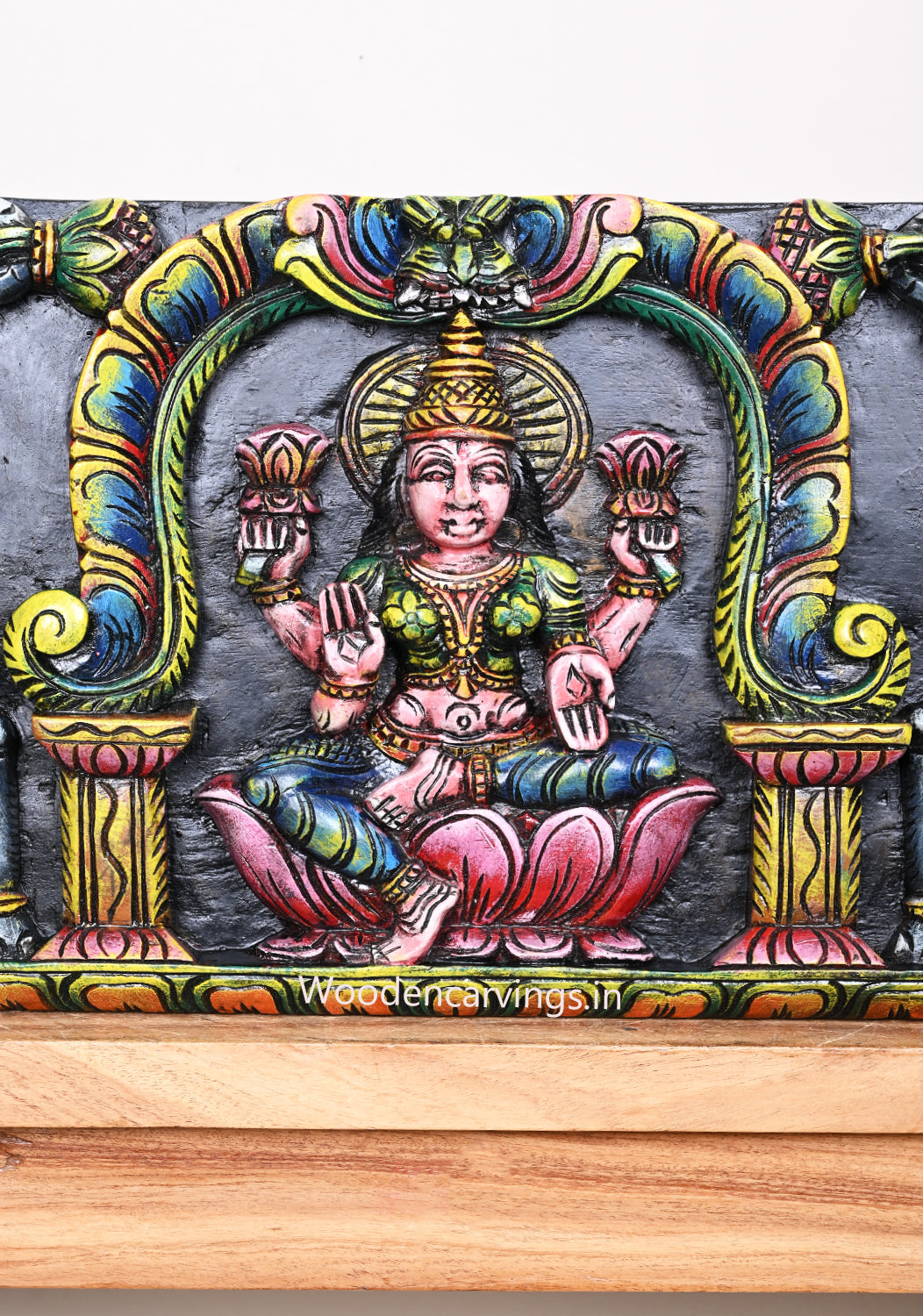 Goddess of Wealth Gaja Lakshmi Seated on Pink Lotus With Grey Elephants Horizontal Wooden Wall Panel 36"