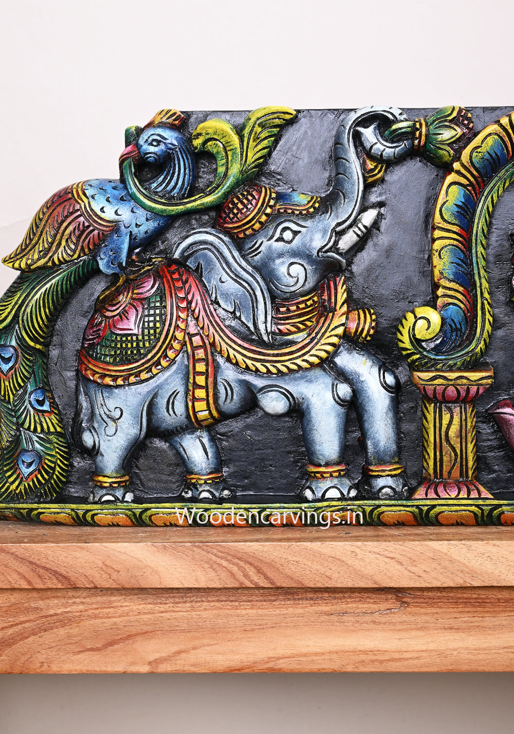 Goddess of Wealth Gaja Lakshmi Seated on Pink Lotus With Grey Elephants Horizontal Wooden Wall Panel 36"