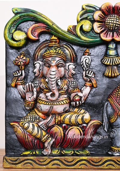 Floral Design Goddess Gajalakshmi With Goddess Sarswathi and Lord Ganesh Multicoloured Wooden Wall Panel 36"