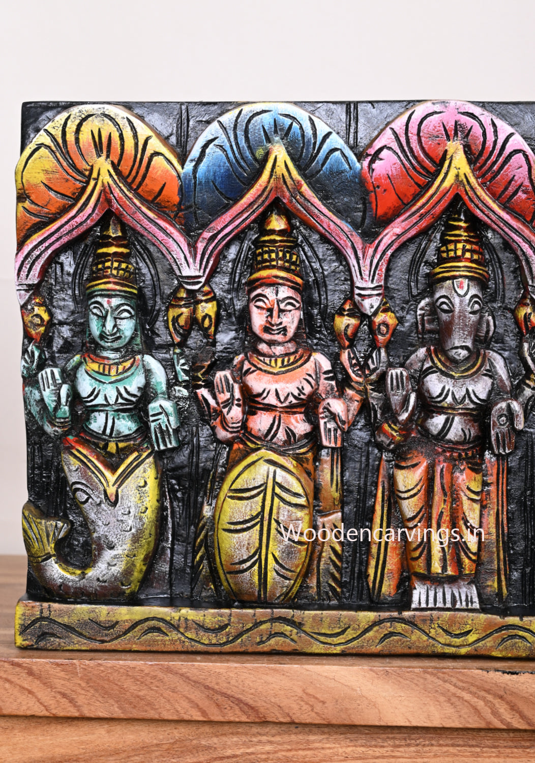 Multicoloured Lord Vishnu Wooden Dasavatar Horizontal Hooks Fixed Entrance Decor Wooden Wall Panel 36"