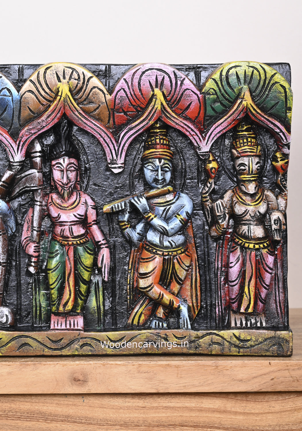 Multicoloured Lord Vishnu Wooden Dasavatar Horizontal Hooks Fixed Entrance Decor Wooden Wall Panel 36"