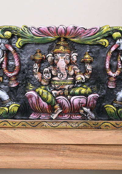 Lotus Flower Carved Lord Gaja Ganesha With Grey Elephants and Standing Hamsa (Annapakshi) Horizontal Wooden Wall Panel 36"