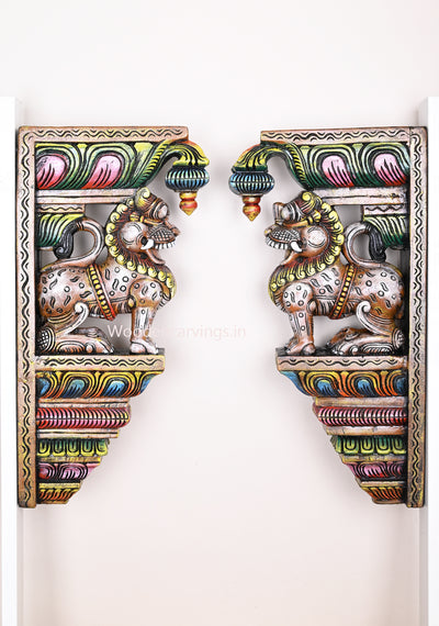 Wooden Handmade Multicoloured Standing Paired Yaazhi With Hooks Fixed Decorative Wall Brackets 24"