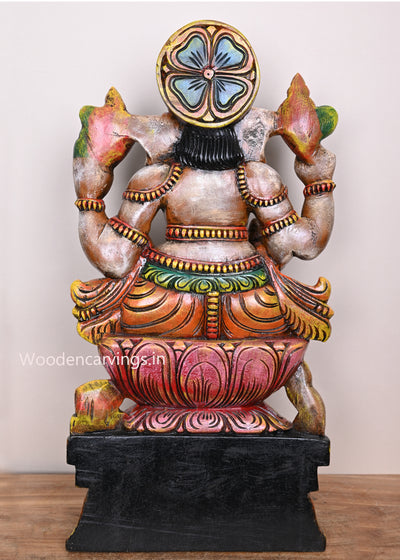 Wooden Ganesh Seated on Lotus and Holding Mothak and Writing nail Handmade Sculpture 24"