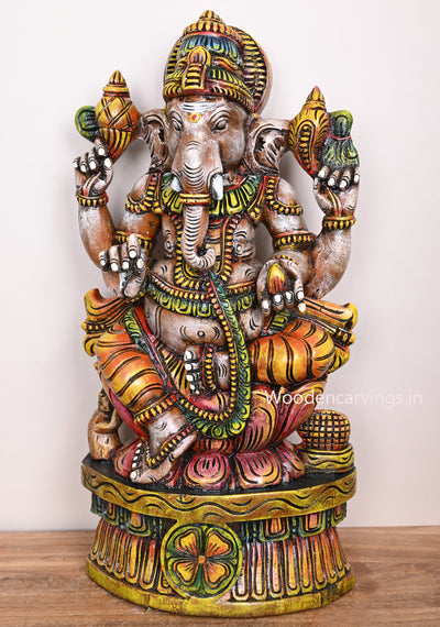 Wooden Ganesh Seated on Lotus and Holding Mothak and Writing nail Handmade Sculpture 24"