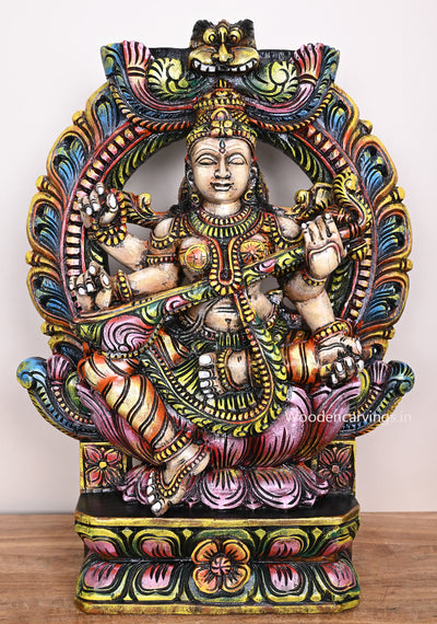Arch Saraswathi Seated on Pink Lotus With Large Veena Detaily Craved Wooden Sculpture 25"