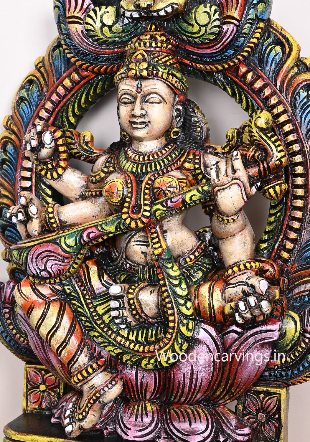 Arch Saraswathi Seated on Pink Lotus With Large Veena Detaily Craved Wooden Sculpture 25"