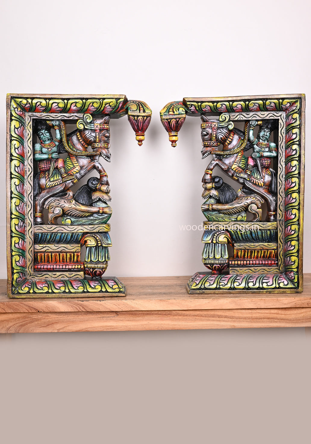 multicolored Wooden Man Riding Horse with Paired Yaazhi Brackets – 24"