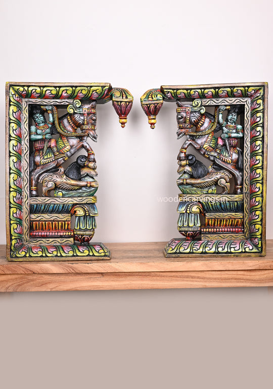 multicolored Wooden Man Riding Horse with Paired Yaazhi Brackets – 24"