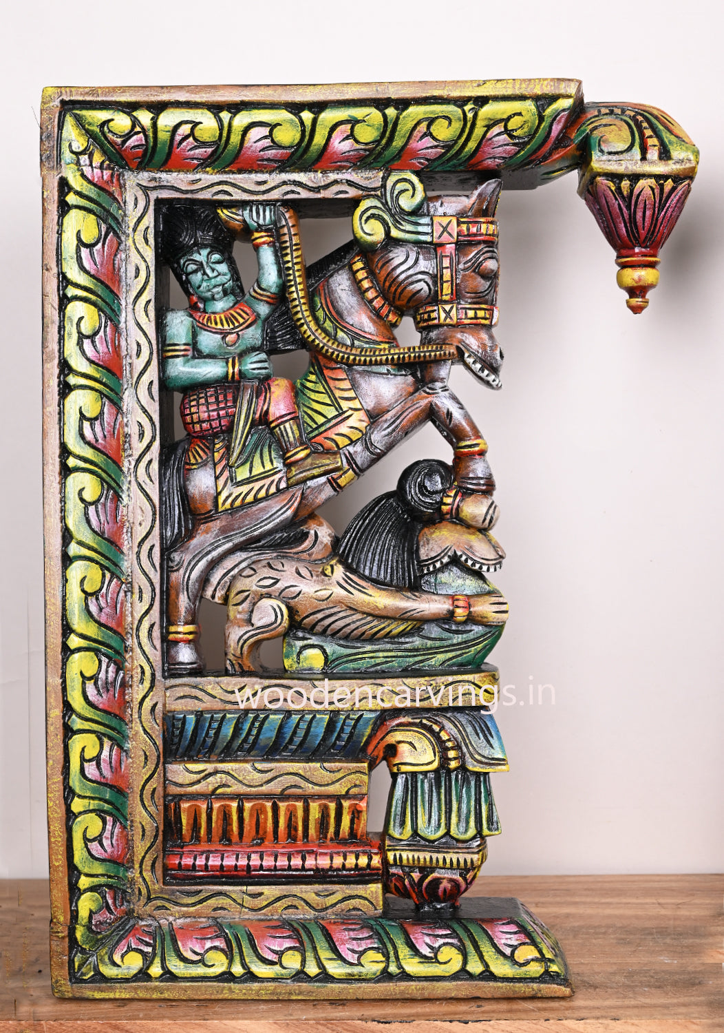 multicolored Wooden Man Riding Horse with Paired Yaazhi Brackets – 24"