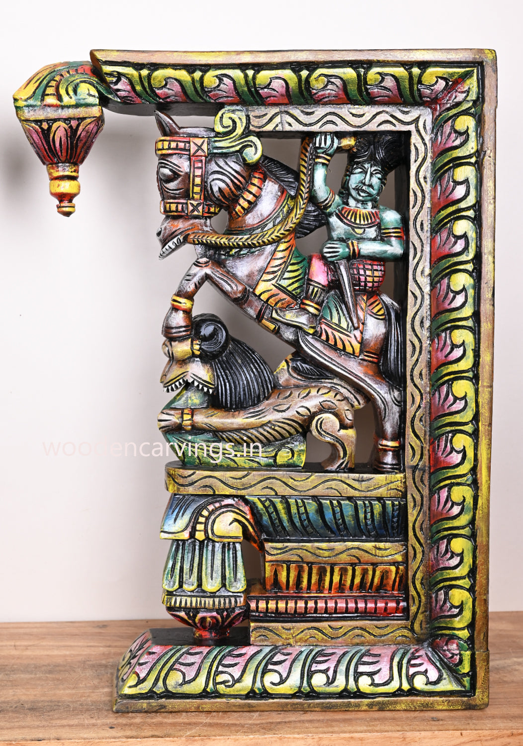 multicolored Wooden Man Riding Horse with Paired Yaazhi Brackets – 24"