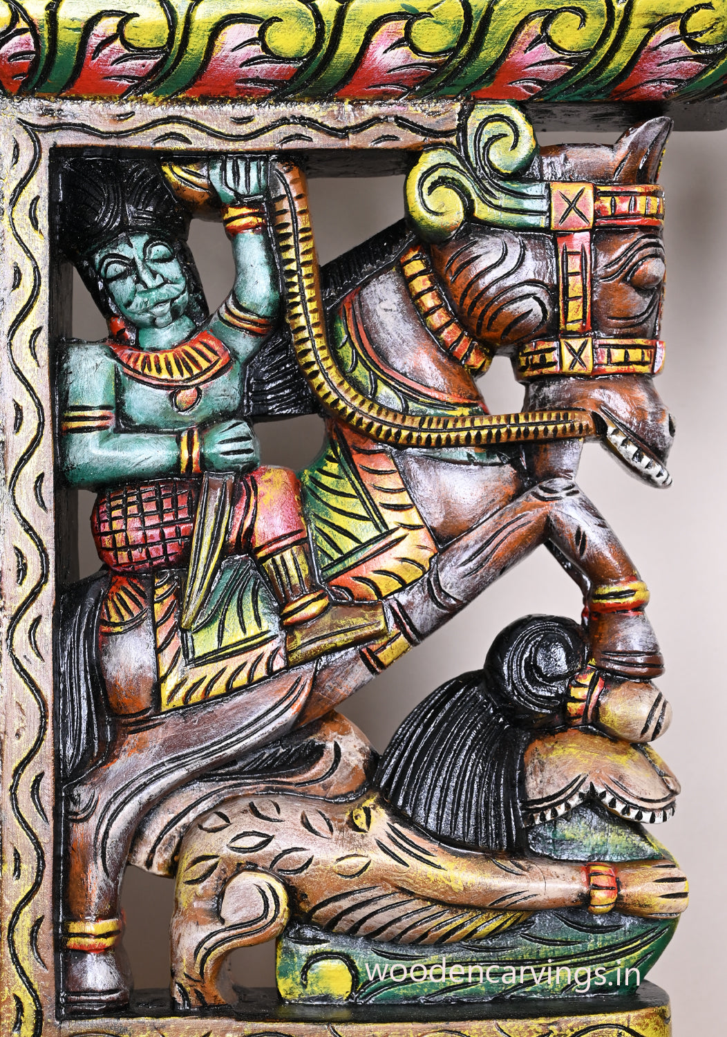 multicolored Wooden Man Riding Horse with Paired Yaazhi Brackets – 24"