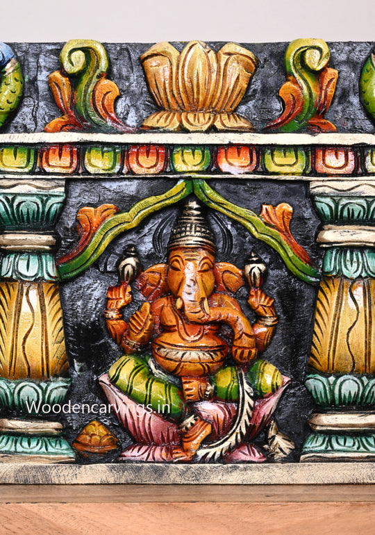 Wooden Ganesha, Lakshmi, Saraswathi  Multicoloured Wooden Wall Panel 36"