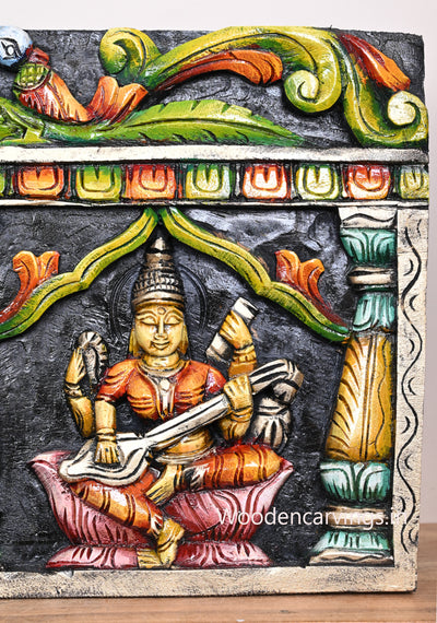 Wooden Pillar Design Square Shaped Ganesha, Lakshmi, Saraswathi Horizontal Multicoloured Wooden Wall Panel 36"