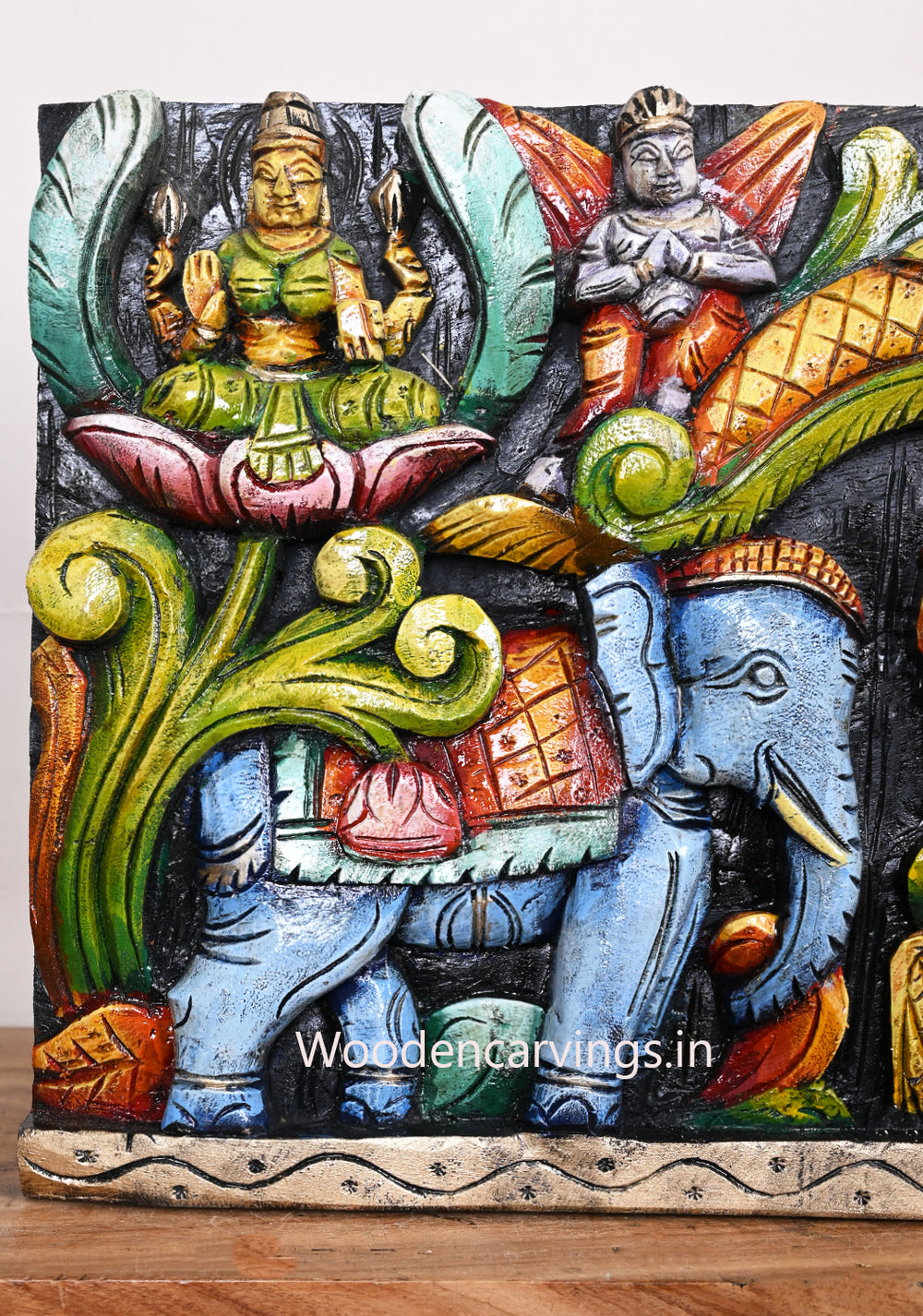 Wooden  Ganesh, Lakshmi, Saraswathi With Blue Elephants Wall Panel 36"