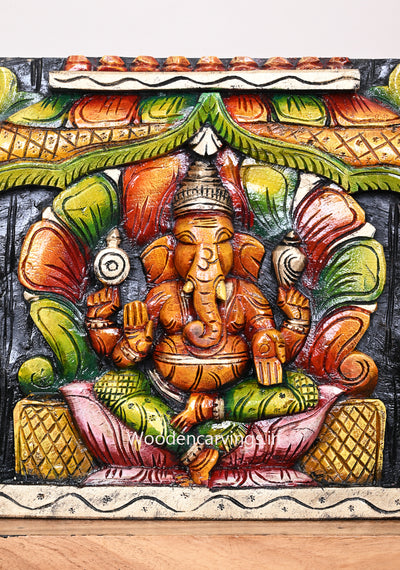 Wooden Petal Design Decorative Ganesh, Lakshmi, Saraswathi With Blue Elephants Multicoloured Wooden Wall Panel 36"
