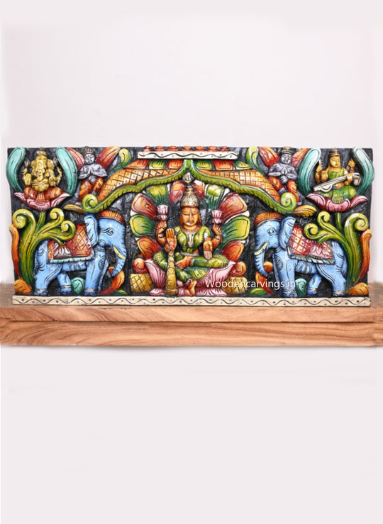 Gaja Lakshmi With Lord Ganesh and Saraswathi Wooden  Wall Panel 36"