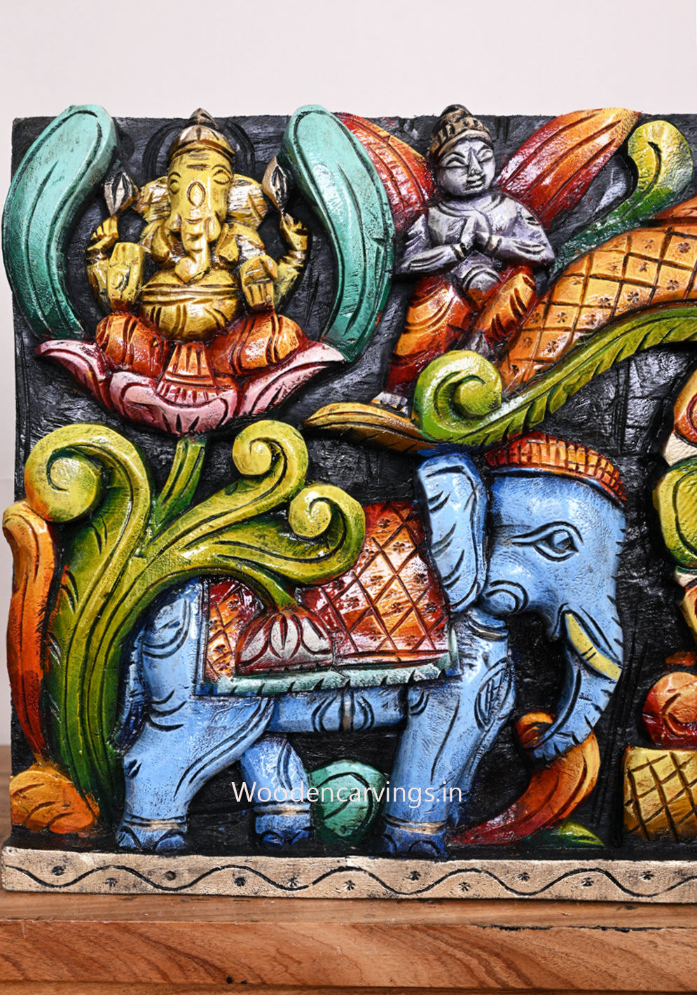 Goddess Gaja Lakshmi With Lord Ganesh and Saraswathi Wooden Multicoloured Horizontal Wall Panel 36"
