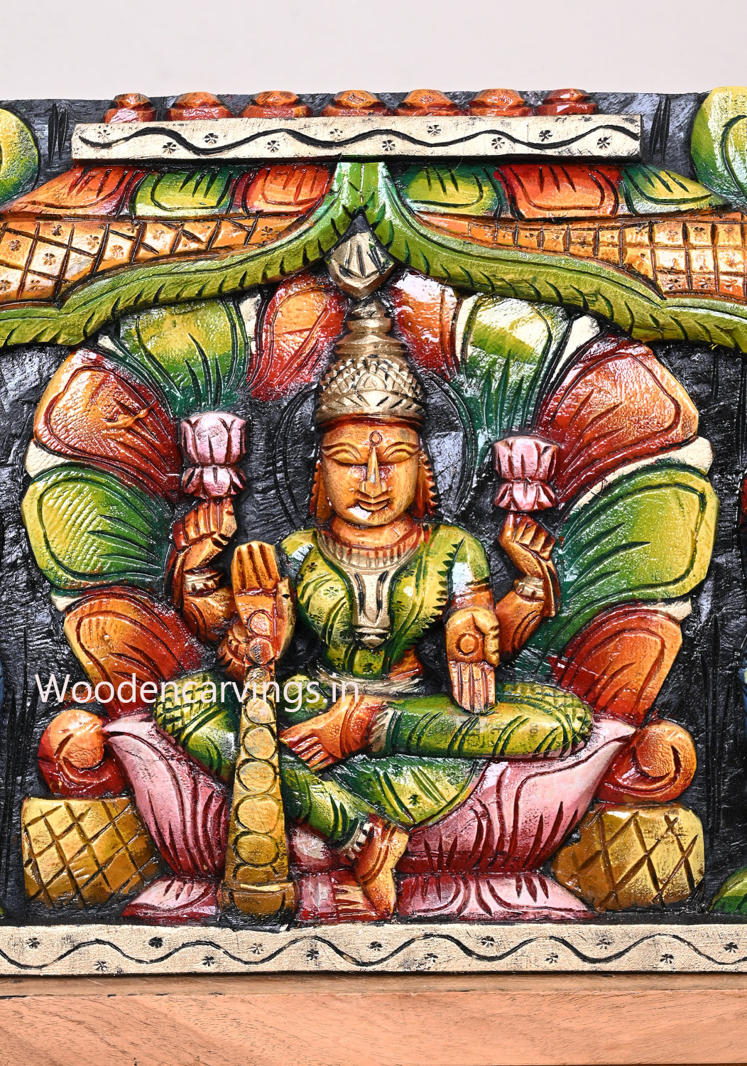 Gaja Lakshmi With Lord Ganesh and Saraswathi Wooden  Wall Panel 36"