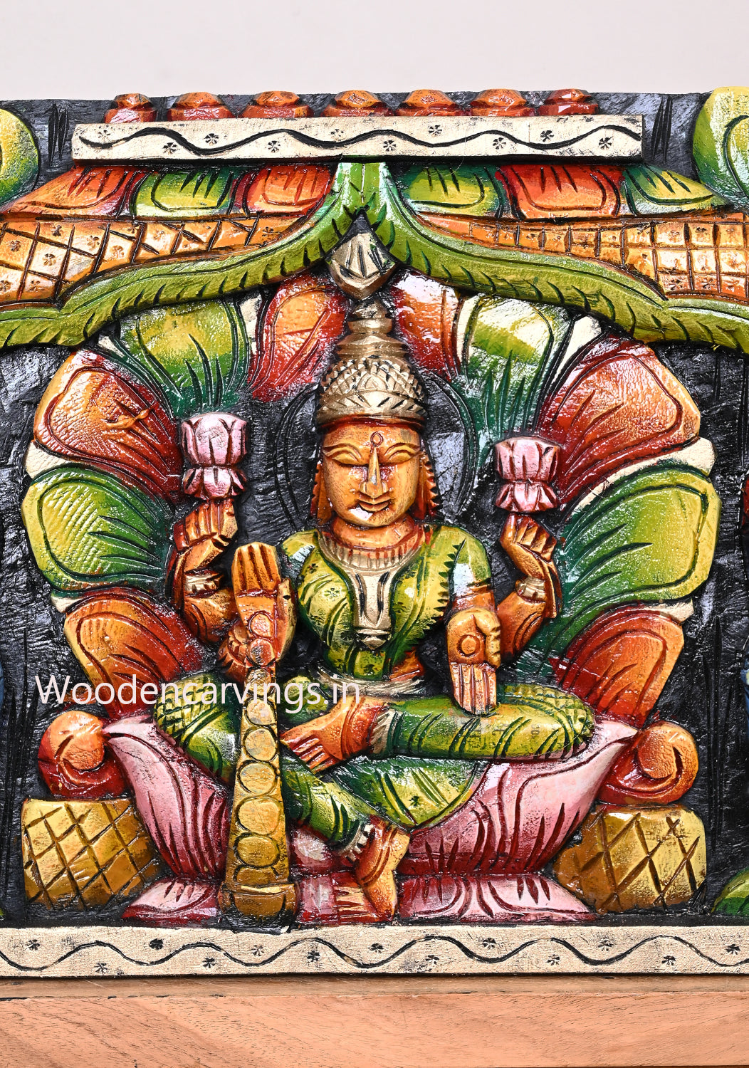 Goddess Gaja Lakshmi With Lord Ganesh and Saraswathi Wooden Multicoloured Horizontal Wall Panel 36"
