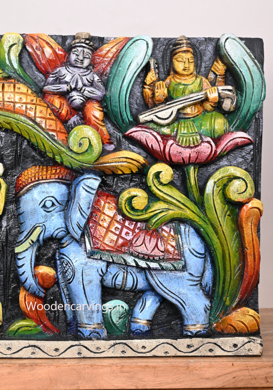 Gaja Lakshmi With Lord Ganesh and Saraswathi Wooden  Wall Panel 36"