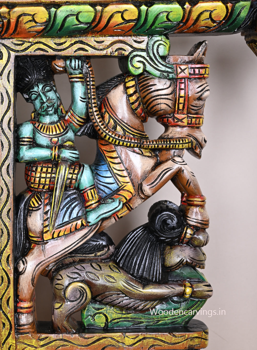Man Riding Horse with Yaazhi Bodhil Design wooden Colored Art 24"