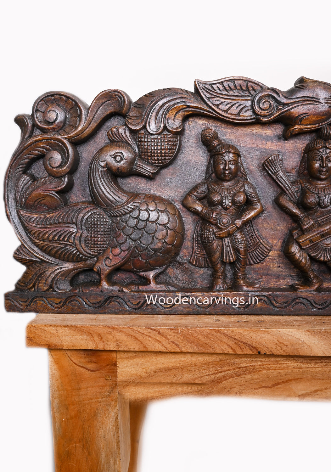 Lord Krishna With Sevagar Womens Holding Musical Instruments in Her Hand Horizontal Wax Brown Wooden Wall Panel 54"