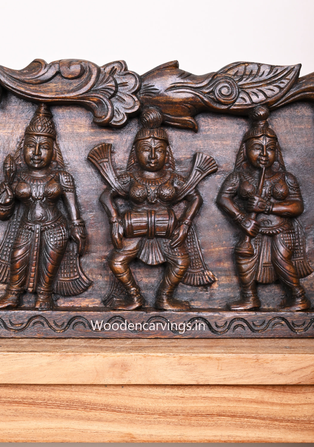 Lord Krishna With Sevagar Womens Holding Musical Instruments in Her Hand Horizontal Wax Brown Wooden Wall Panel 54"