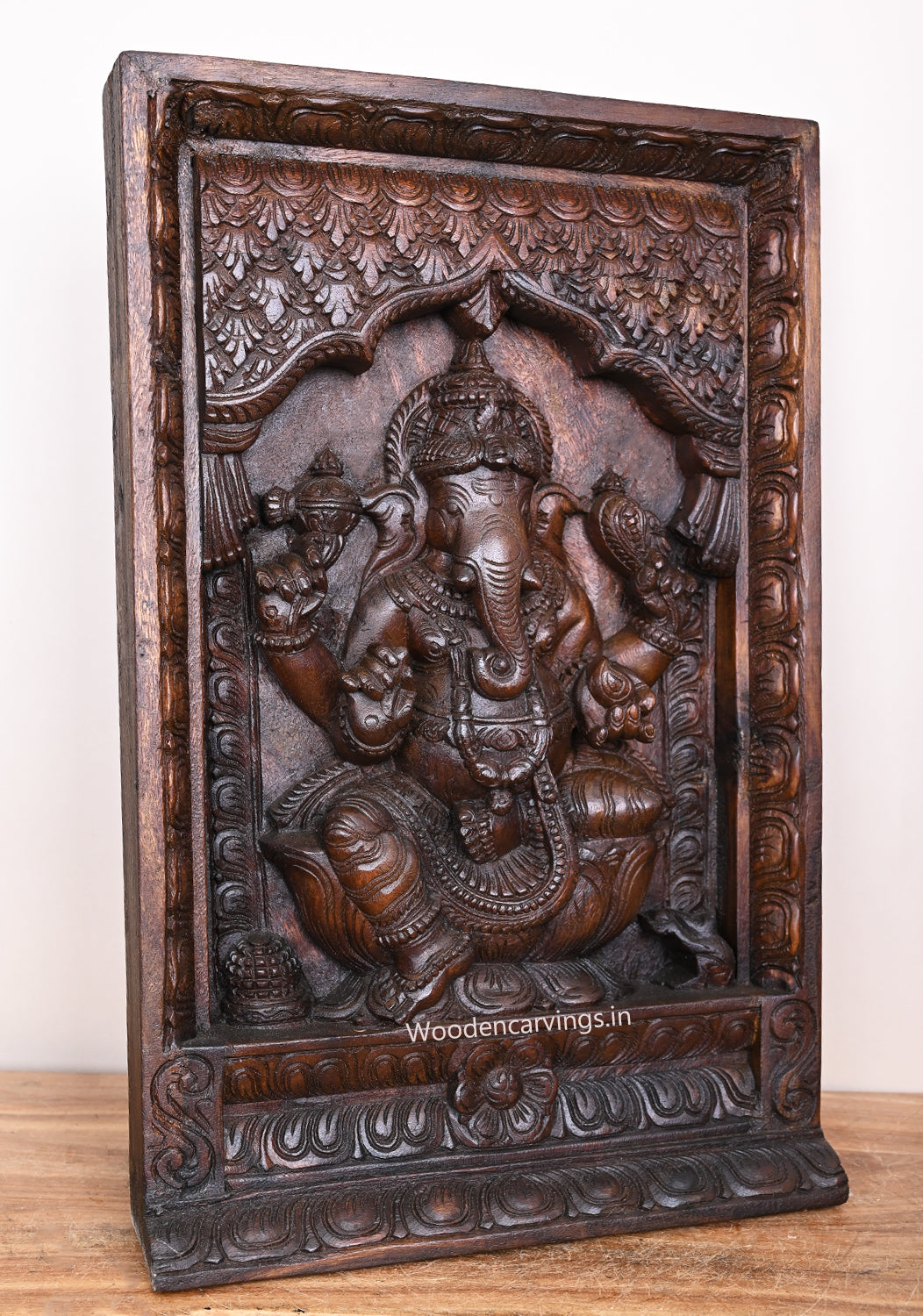Square Frame Design Decorative Lord Ganapathi Seated on Lotus Wax Brown Finishing Handmade Sculpture 23.5"