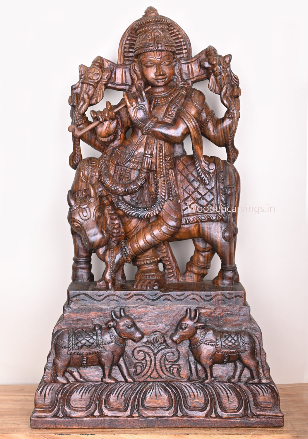Wooden Lord Krishna Playing With Bansuri Flute Standing With Animal Cow Wax Brown Finishing Sculpture 34"