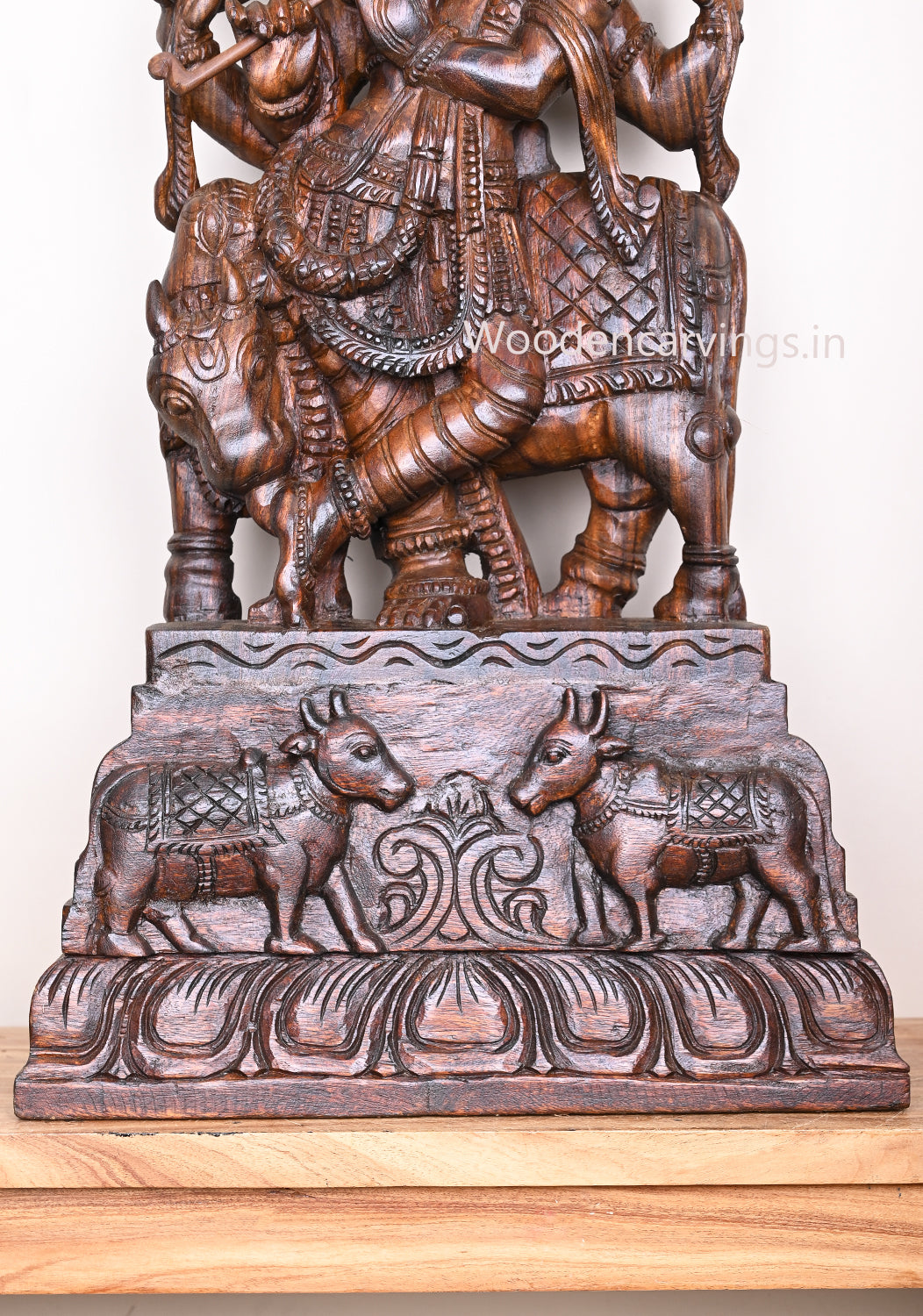 Wooden Lord Krishna Playing With Bansuri Flute Standing With Animal Cow Wax Brown Finishing Sculpture 34"